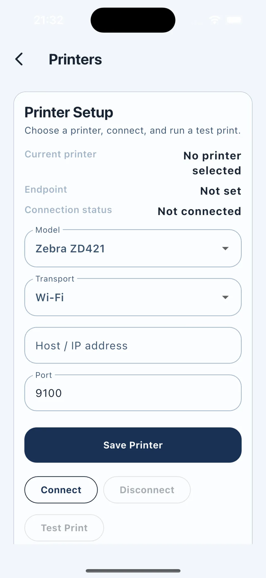 Scuba Tank Stickers printer setup screen with transport, address, and test-print controls