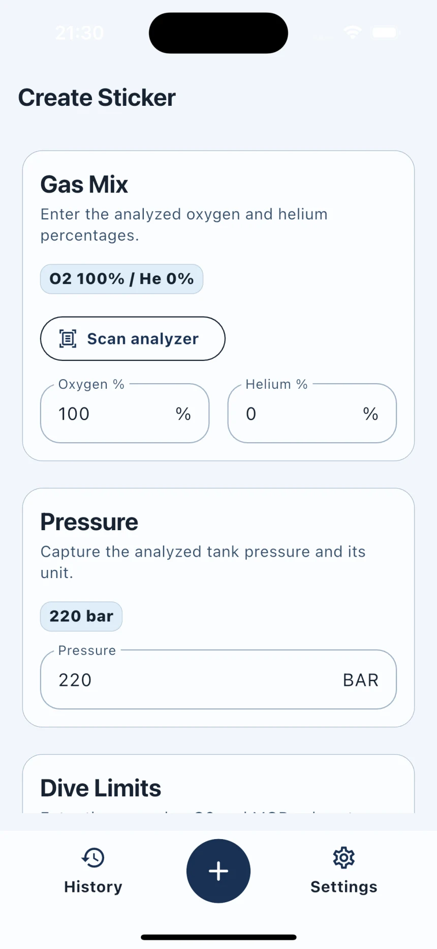 Scuba Tank Stickers create-label screen with gas mix, pressure, and analyzer scan controls